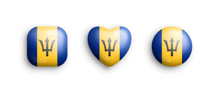 Barbados Official National Flag 3D Vector Glossy Icons In Rounded Square, Heart And Circle Shapes Isolated On White. Barbadian Sign And Symbols Graphic Design Elements Volumetric Buttons Collectionのイラスト素材