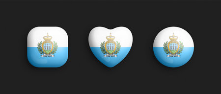 San Marino Official National Flag 3D Vector Glossy Icons In Rounded Square, Heart And Circle Shape Isolated On Black Background. Sign And Symbols Graphic Design Elements Volumetric Buttons Collectionのイラスト素材