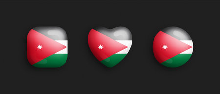 Jordan Official National Flag 3D Vector Glossy Icons In Rounded Square, Heart And Circle Form Isolated On Background. Jordanian Sign And Symbols Graphic Design Elements Volumetric Buttons Collectionのイラスト素材