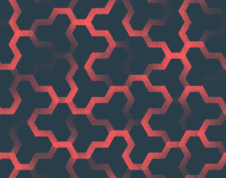 Arabic Style Geometric Lattice Vector Seamless Pattern Trend Red Abstract Background. Endless Graphic Oriental Geometry Ornament Repetitive Wallpaper Subtle Dot Work Texture. Halftone Art Illustrationのイラスト素材