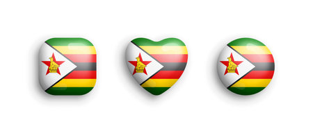 Zimbabwe Official National Flag 3D Vector Glossy Icons In Rounded Square, Heart And Circle Form Isolate On White Back. Zimbabwean Sign And Symbols Graphic Design Elements Volumetric Buttons Collectionのイラスト素材