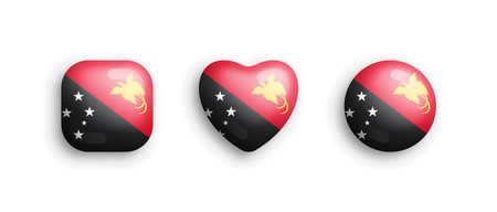 Papua New Guinea Official National Flag 3D Vector Glossy Icons In Rounded Square, Heart And Circle Shape Isolated On White Back. Sign And Symbols Graphic Design Elements Volumetric Buttons Collectionのイラスト素材