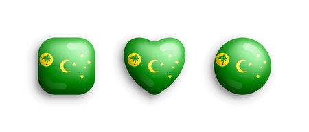 Cocos Islands Official National Flag 3D Vector Glossy Icons In Rounded Square, Heart And Circle Shape Isolate On White. Sign And Symbols Graphic Design Elements Volumetric Buttons Collectionのイラスト素材