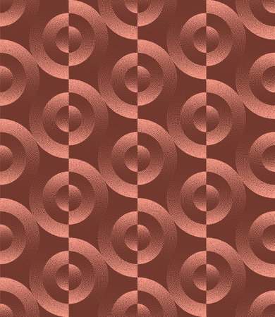 Split Circles Mesmerizing Seamless Pattern Trend Vector Brown Abstract Background. 50s 60s 70s Retro Styled Funky Half Tone Art Illustration for Textile. Endless Graphic Abstraction Dot Work Wallpaperのイラスト素材