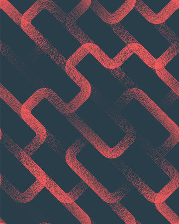 Tangled Bent Lines Seamless Pattern Trend Vector Red Black Abstract Background. Mesmerizing Ornament Halftone Art Illustration. Repetitive Graphic Dynamic Abstraction Endless Wallpaper Dotwork Textureのイラスト素材
