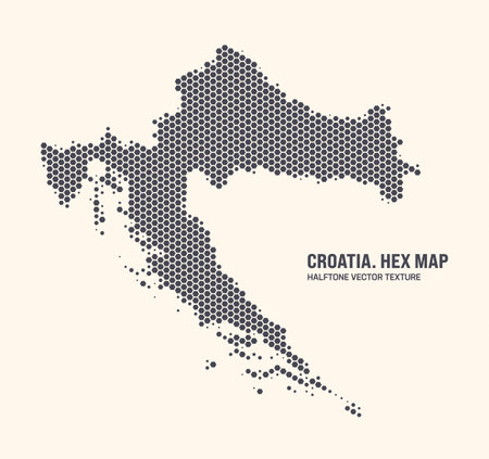 Croatia Map Vector Hexagonal Halftone Pattern Isolate On Light Background. Hex Texture in the Form of a Map of Croatia. Modern Technological Contour Map of Croatia for Design or Business Projectsのイラスト素材