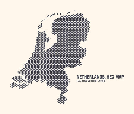 Netherlands Map Vector Hexagonal Halftone Pattern Isolate On Light Background. Hex Texture in the Form of a Map of Holland. Modern Tech Contour Map of Netherlands for Design or Business Projectsのイラスト素材