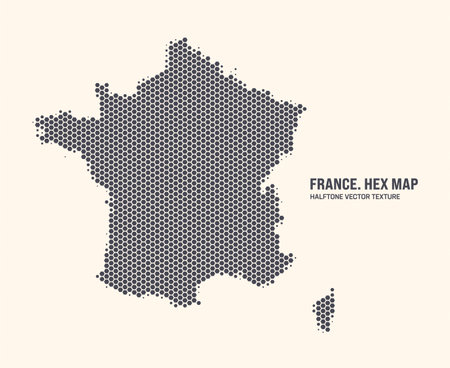 France Map Vector Hexagonal Halftone Pattern Isolate On Light Background. Hex Texture in the Form of a Map of France. Modern Technological Contour Map of France for Design or Business Projectsのイラスト素材