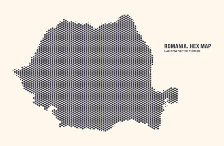 Romania Map Vector Hexagonal Halftone Pattern Isolate On Light Background. Hex Texture in the Form of a Map of Romania. Modern Technological Contour Map of Romania for Design or Business Projectsのイラスト素材