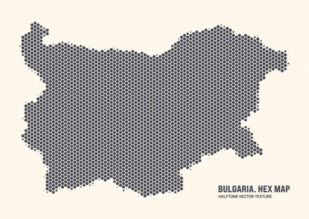 Bulgaria Map Vector Hexagonal Halftone Pattern Isolate On Light Background. Hex Texture in the Form of a Map of Bulgaria. Modern Technological Contour Map of Bulgaria for Design or Business Projectsのイラスト素材