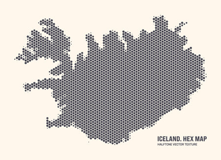 Iceland Map Vector Hexagonal Halftone Pattern Isolate On Light Background. Hex Texture in the Form of a Map of Iceland. Modern Technological Contour Map of Iceland for Design or Business Projectsのイラスト素材