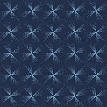 Triangular Geometric Seamless Pattern Trend Vector Blue Abstract Background. Half Tone Art Illustration for Textile Print. Repetitive Graphical Triangles Abstraction Wallpaper, Subtle Dot Work Textureのイラスト素材
