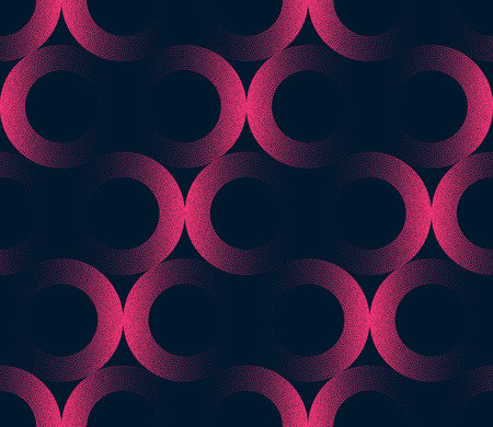 Mesmerizing Circles Seamless Pattern Trend Vector Black Purple Abstract Background. Half Tone Art Illustration for Fashionable Textile Print. Repetitive Graphical Abstraction Wallpaper. Subtle Textureのイラスト素材