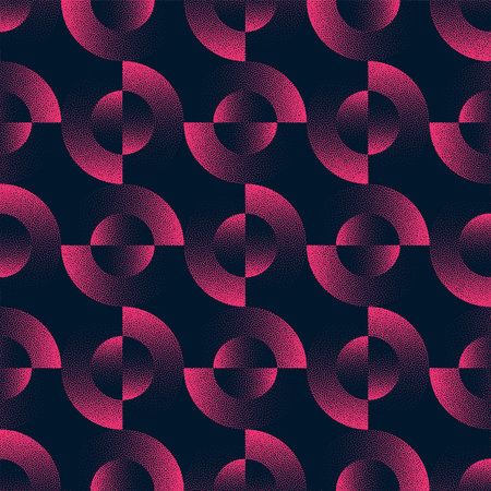 Split Circles Geometric Seamless Pattern Trend Vector Black Purple Abstract Background. Dynamic Half Tone Art Illustration for Textile Print. Repetitive Graphic Abstraction Wallpaper. Dot Work Textureのイラスト素材