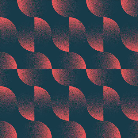 Split Circles Striking Seamless Pattern Trend Vector Red Black Abstract Background. Dynamic Half Tone Art Illustration for Modern Textile Print. Repetitive Graphical Abstraction for Stylish Wallpaperのイラスト素材