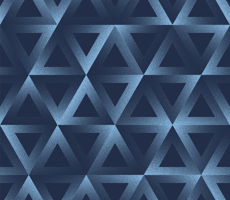 Faded Triangles Grid Seamless Pattern Trend Vector Blue Abstract Background. Geometric Futuristic Half Tone Art Illustration. Endless Graphic Striking Abstraction for Wallpaper. Dotted Subtle Textureのイラスト素材