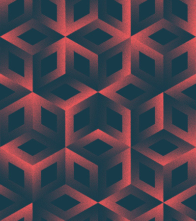 Mesmerizing Geometric Seamless Pattern Trend Vector Red Black Abstract Background. Dynamic Hexagonal Mesh Halftone Art Illustration. Repetitive Graphic Intricate Structure Abstraction. Dotwork Textureのイラスト素材