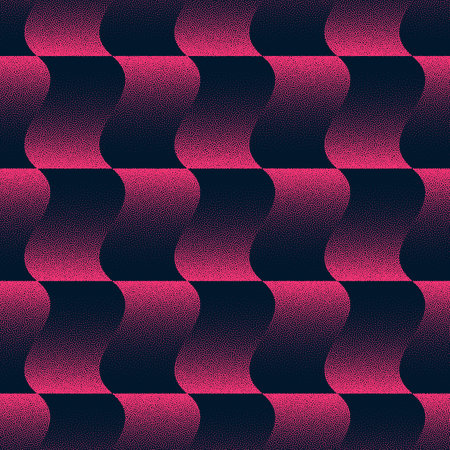Checkered Wavy Seamless Pattern Trend Vector Black Purple Abstract Background. Psychedelic Half Tone Art Illustration for Textile Print. Repetitive Graphic Abstraction Wallpaper. Dot Work Textureのイラスト素材