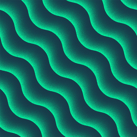 Hypnotic Wavy Dynamic Seamless Pattern Trend Vector Turquoise Abstract Background. Psychedelic Half Tone Art Illustration for Textile Print. Endless Graphical Abstraction Wallpaper Dotted Textureのイラスト素材