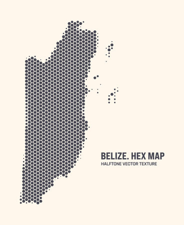 Belize Map Vector Hexagonal Halftone Pattern Isolate On Light Background. Hex Texture in the Form of a Map of Belize. Modern Technological Contour Map of Belize for Design or Business Projectsのイラスト素材
