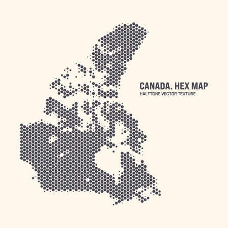Canada Map Vector Hexagonal Halftone Pattern Isolate On Light Background. Hex Texture in the Form of a Map of Canada. Modern Technologic Contour Map of Canada for Design or Business Projectsのイラスト素材