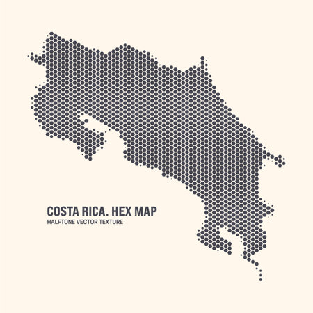 Costa Rica Map Vector Hexagonal Halftone Pattern Isolate On Light Backdrop. Hex Texture in the Form of a Map of Costa Rica. Modern Technological Contour Map of Costa Rica for Design Projectsのイラスト素材
