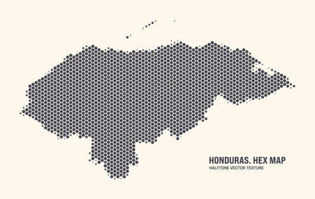 Honduras Map Vector Hexagonal Half Tone Pattern Isolate On Light Background. Hex Texture in the Form of a Map of Honduras. Modern Technological Contour Map of Honduras for Design or Business Projectsのイラスト素材