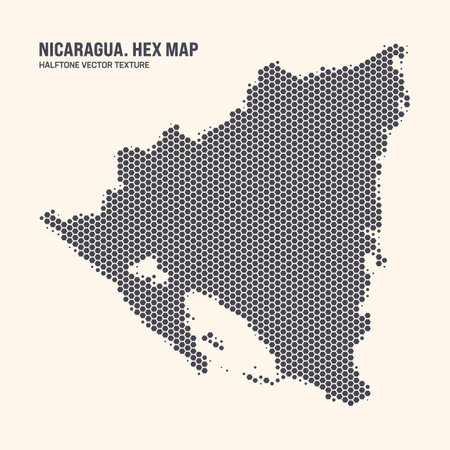 Nicaragua Map Vector Hexagonal Halftone Pattern Isolate On Light Background. Hex Texture in the Form of a Map of Nicaragua. Modern Technologic Contour Map of Nicaragua for Design or Business Projectsのイラスト素材