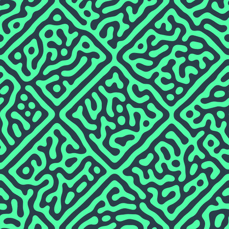 Crazy Psychedelic Art Graphic Turquoise Black Seamless Pattern Vector Abstraction. Repetitive Bizarre Trippy Abstract Background. Hypnotic Intricate Structure Endless Ornament. Modern Art Illustrationのイラスト素材