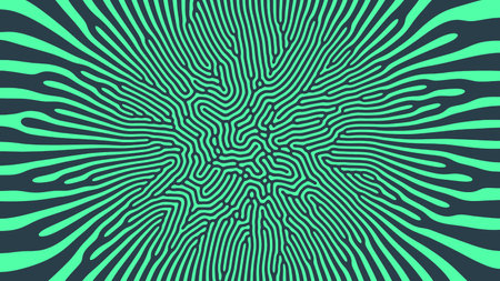 Psychedelic Acid Trip Vector Unusual Creative Turquoise Black Abstract Background. Radial Crazy Structure Bizarre Mesmerize Abstraction Wallpaper. Mushroom Hallucination Effect Trippy Art Illustrationのイラスト素材