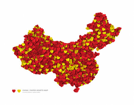 China Map From Scattered Paper Hearts In Colours Of National Flag Vector Isolated On White Background. China Border Silhouette In Official Colors Pattern Art Illustration. Poster Print Graphic Designのイラスト素材