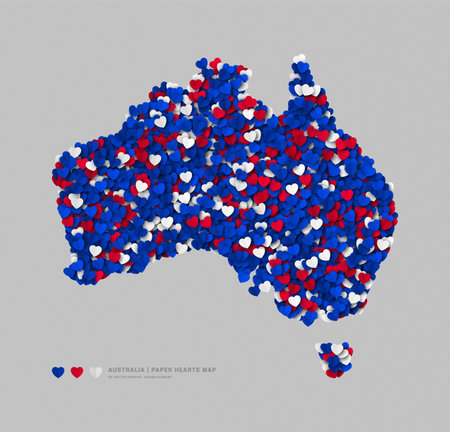 Australia Map From Scattered Paper Hearts In Colours Of National Flag Vector Isolated On Light Background. Australia Border Silhouette In Official Colors Pattern Art Illustration. Poster Print Designのイラスト素材