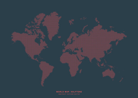 World Map in Dotted Halftone Art Retro Style Red Black Abstract Vector Background. Global Earth Map Isolated Digital Old School Aesthetics Clip Art for Vintage Themed Visuals, Web Design Projectsのイラスト素材