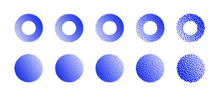 Blue Circles With Various Resolution of Bitmap Dither Gradient Vector Set Isolated On White Background. Retro 8 Bit Pixel Art Graphics Style Round Shapes Different Textures Design Elements Collectionのイラスト素材