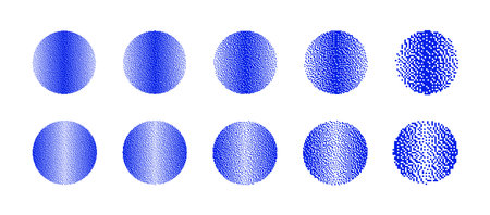 Blue Circles With Different Resolution of Bitmap Dither Gradient Vector Set Isolated On White Background. Retro 8 Bit Pixel Art Graphics Style Round Shapes Various Textures Design Elements Collectionのイラスト素材