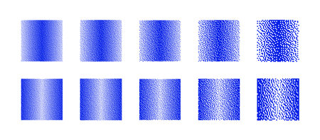 Blue Squares With Different Resolution of Bitmap Dither Gradient Vector Set Isolated On White Background. Retro Technology 8 Bit Pixel Art Graphic Style Design Element Collection with Various Texturesのイラスト素材