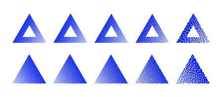 Triangles With Various Resolution of Bitmap Dither Gradient Vector Set Isolated On White Background. 8 Bit Pixel Art Graphics Style Pyramid Shapes with Different Texture Design Element Collectionのイラスト素材