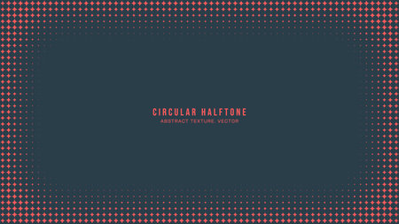 Circular Halftone Pattern Vignette Rounded Frame Vector Red Black Abstract Background. Modern Minimalist Art Half Tone Graphics Wide Wallpaper. Retro Futuristic Sci-Fi Technology Art Illustrationのイラスト素材