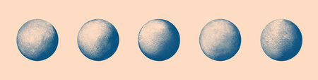 Darkened 3D Spheres with Different Hand Drawn Etching Vector Set Isolated on Light Background. Vintage Style Handdrawn Engraving Circles Cut Out Clip Art Collection. Blue Ink Hatching Art Illustrationのイラスト素材