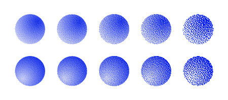 Blue Spheres With Different Resolution of Bitmap Dither Gradient Vector Set Isolated on White. Retro Styled 8 Bit Pixel Art Graphic Round Spherical Shapes with Various Textures Design Elements Bundleのイラスト素材