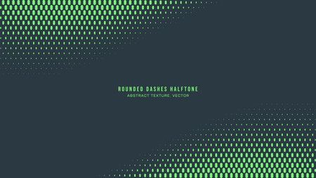 Rounded Dashes Halftone Pattern Twisted Frame Vector Turquoise Abstract Background. Conceptual Modern Minimal Half Tone Graphics Eye-Catching Bright Green Wallpaper. Retro Futuristic Art Illustrationのイラスト素材