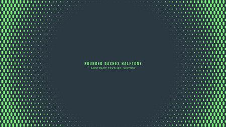 Rounded Dashes Halftone Pattern Round Frame Vector Turquoise Abstract Background. Ultra Modern Minimalist Half Tone Graphics Eye-Catching Bright Green Wallpaper. Retro Futuristic Art Illustrationのイラスト素材