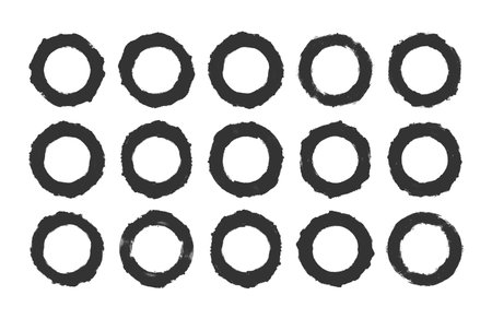 15 Abstract Hand Drawn Grunge Style Circle Frames Vector Set Isolated on White Background. Artistic Handdrawn Rough Grungy Black Ink Graphical Round Stain Shapes Clip Art Bundle. Oval Design Elementsのイラスト素材