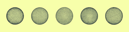 Various Dot Work Textured Circles Vector Design Elements Abstract Background. Different Black Round Shapes with Dotted Patterns Isolated on Yellow Backdrop. Conceptual Hand Drawn Art Illustrationのイラスト素材