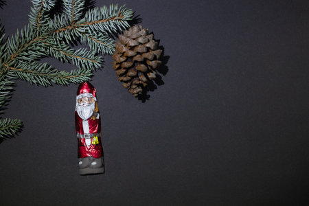 Christmas tree with a christmas tree cone with a toy - a Chocolate Santa Claus - with empty space on...