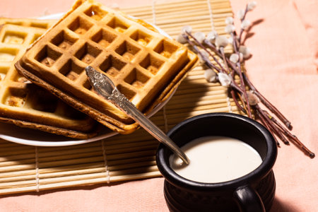close-up on delicious ruddy Belgian waffles on a bamboo mat with a willow branch and a cup of fermented baked milk with a retro spoon on a pink tableclothの写真素材
