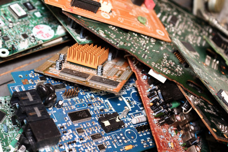 different Printed circuit board - microcircuits large and small lie in a chaotic order close-up