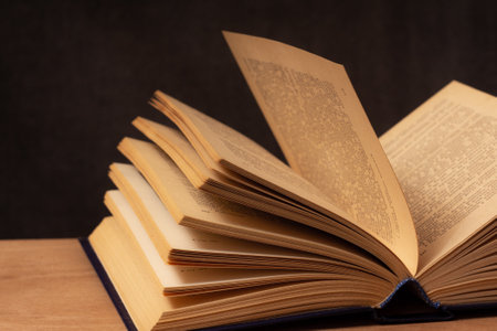 photograph - of an open book on a wooden board on a dark background - with empty space