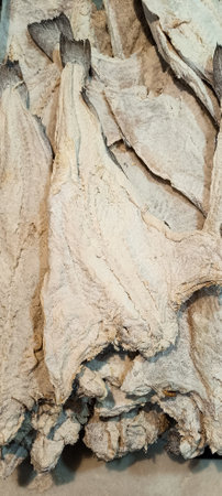 A close-up shot showcases the texture and form of dried and salted codfish, also known as bacalhau, a staple in Portuguese and Brazilian cuisine.の写真素材