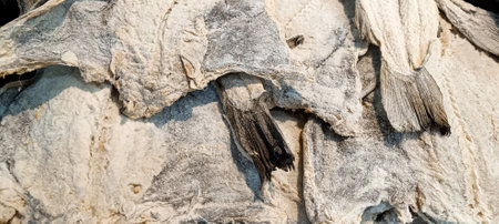 Detailed photograph showing the texture and arrangement of dried, salted fish often used in...